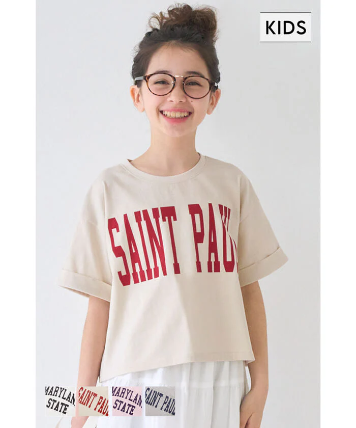 セール★790円→550円 親子お揃いクロップド丈ロールアッププリントTシャツ キッズ メール便可