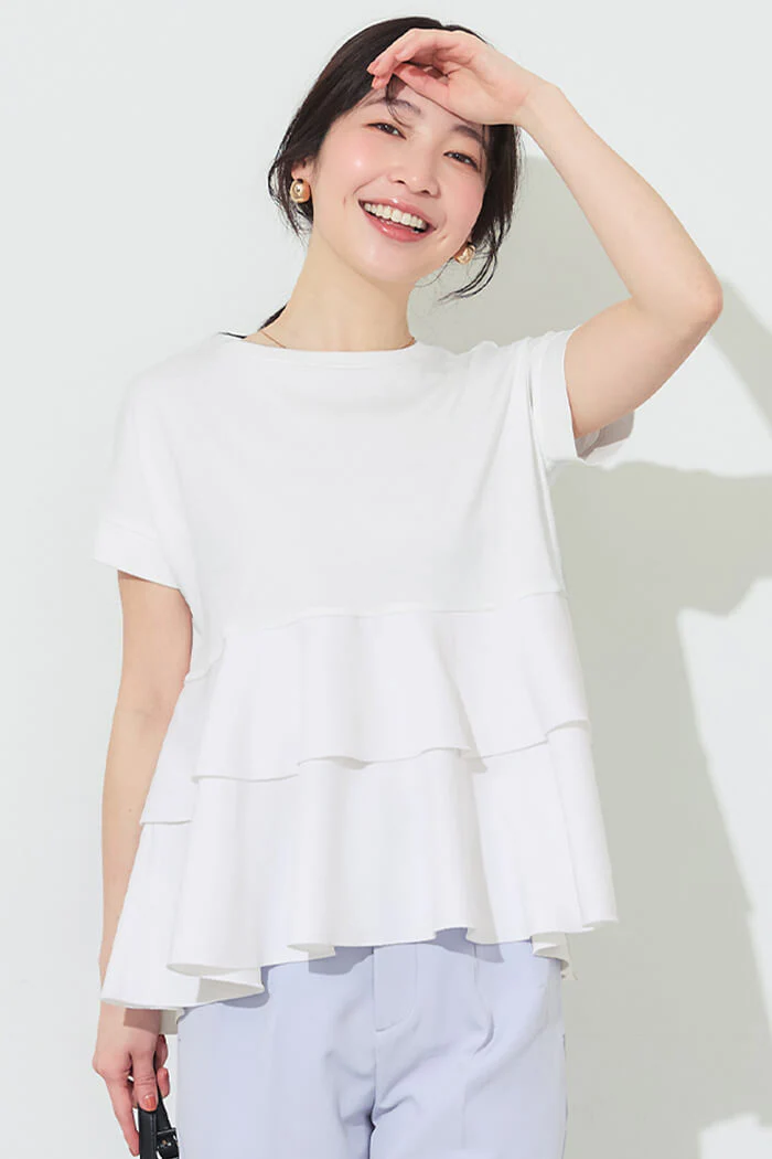 異素材切り替え2段フリルTシャツ レディース メール便不可