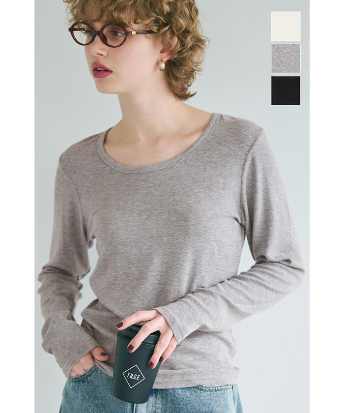 WEB限定セール★1490円→550円 リブUネック長袖Tシャツ レディース メール便不可