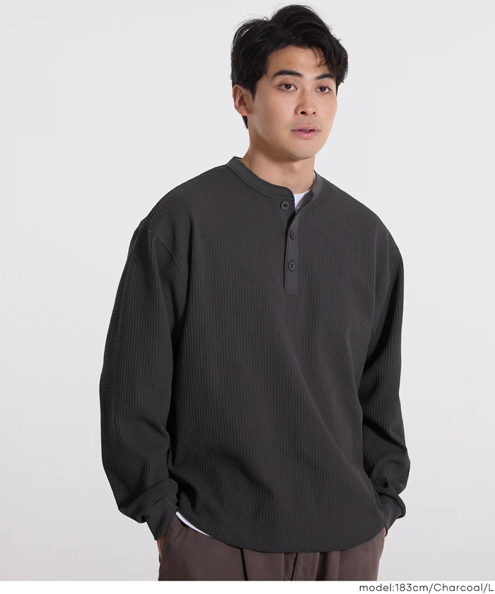 EAZY TEX ワッフルラウンドヘンリーネックロンT メンズ メール便不可 - Image 3