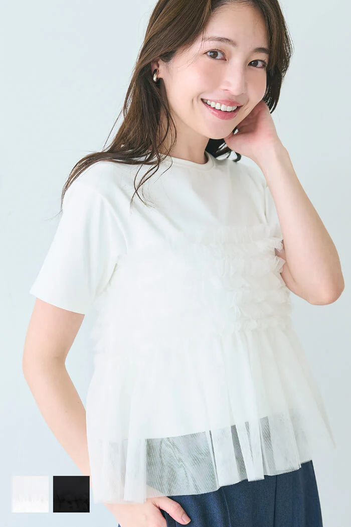 セール★2490円→1990円 シルキータッチチュール ドッキングTシャツ レディース メール便不可