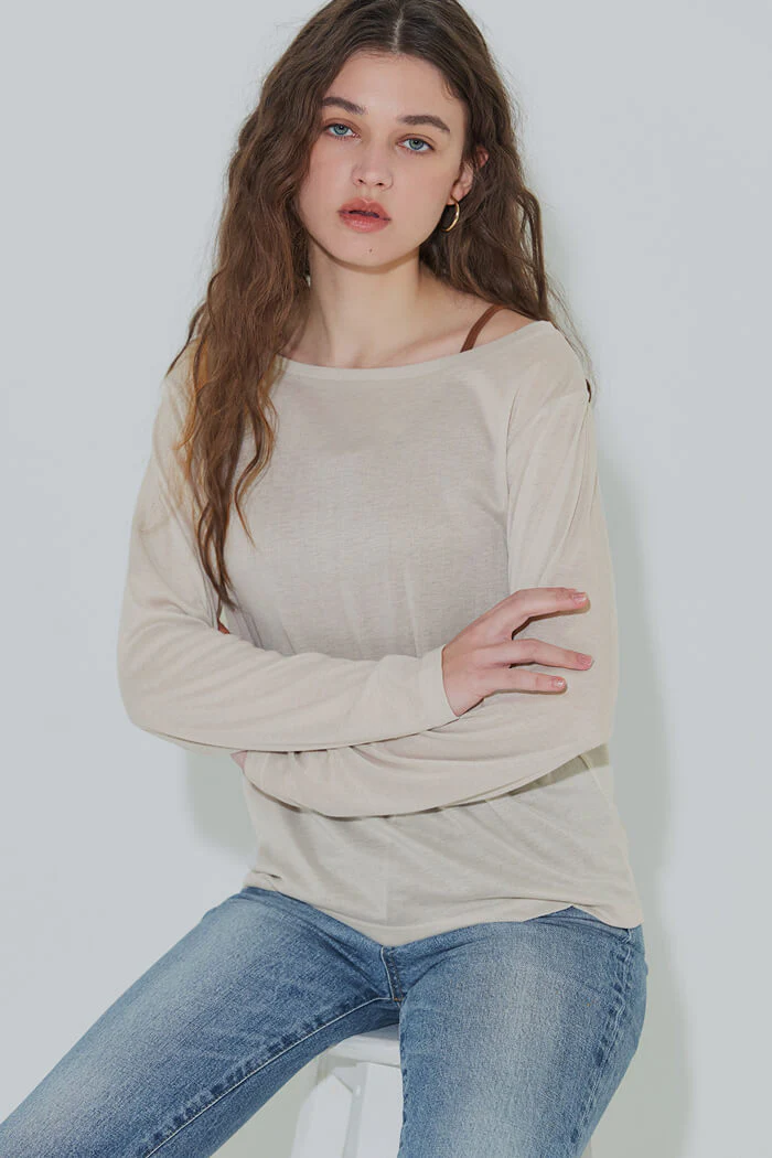 ワンショルダーシアー長袖Tシャツ レディース メール便可